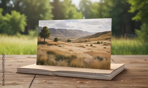 Open landscape booklet mockup on wooden surface, softly blurred natural backdrop ,  texture,  wood grain