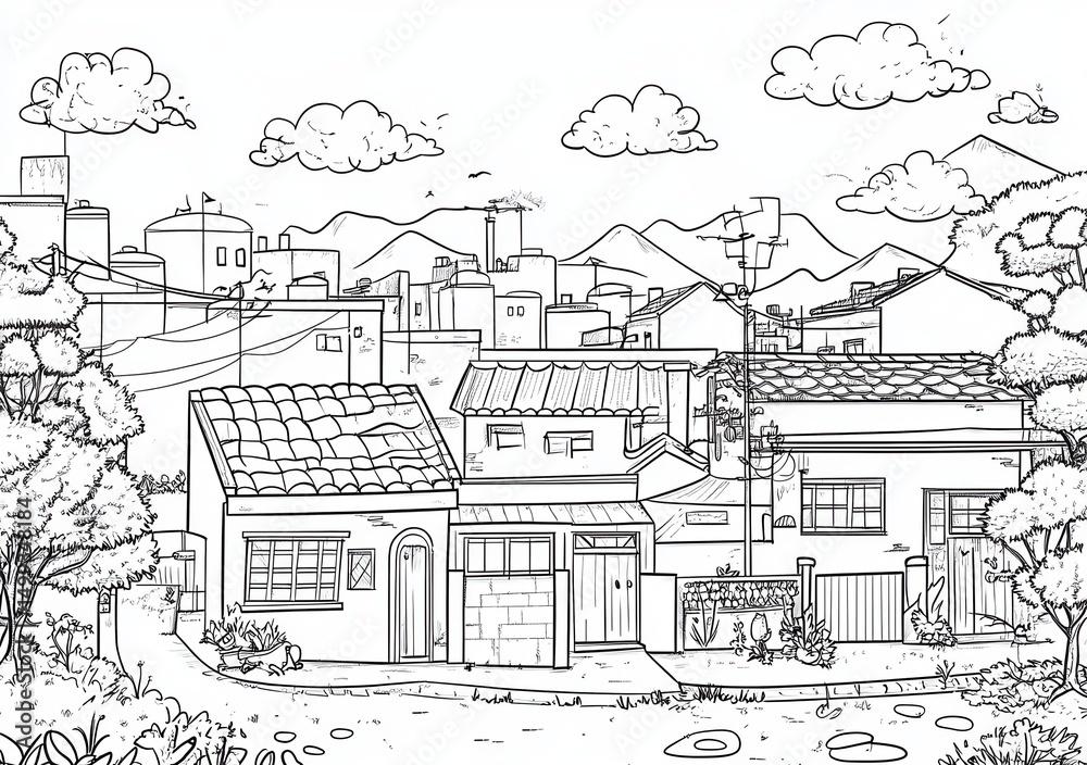 custom made wallpaper toronto digitalRysunek wektorowy przedstawiający malowniczą wieś z domami, drzewami i górami w tle.