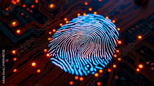 Glowing blue fingerprint on a circuit board with orange lights for security concept