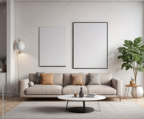 Modern living room, poster mockup clipped to white wall, minimal, poster mockup