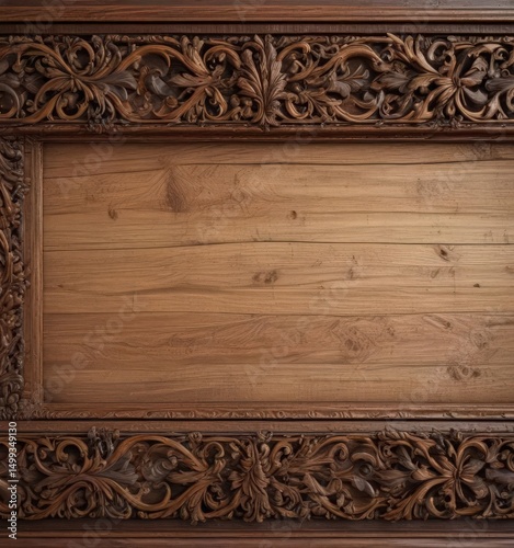 Distressed wooden border, rich natural grain, ornate detailing , detail, aged