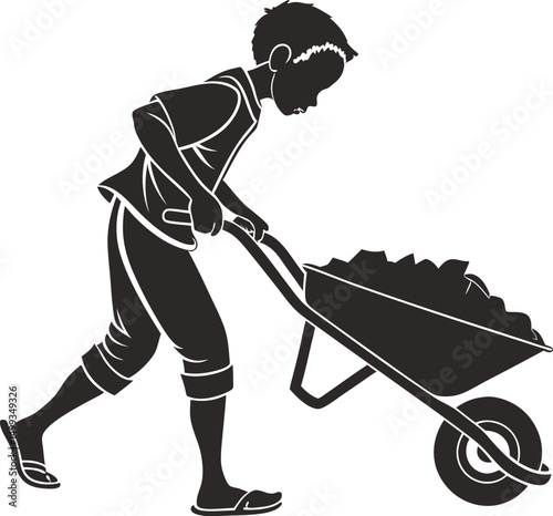 Boy pushing a wheelbarrow full of rocks hard work young labor, A young boy diligently pushing a wheelbarrow filled with rocks symbolizing hard work and labor