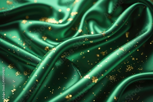 Emerald Green Silk Fabric with Gold Glitter Luxury Texture