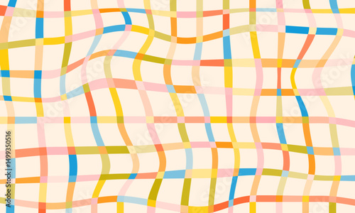 Fun colorful crossed lines grid vector background. Abstract geometric backdrop in childish doodle style. Retro rainbow plaid design. Festive playful multi colored striped banner template