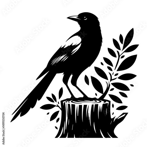 Elegant Black and White Magpie Illustration on Tree Stump