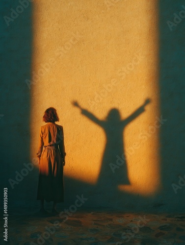 Woman's Empowering Shadow with Arms Raised on Sunlit Textured Wall