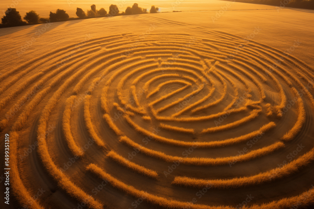 Naklejka premium Aerial view of spiral crop circle in golden wheat.