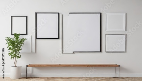 Blank picture frames on white wall, art mockup, customizable design,  frame mockup,  white background