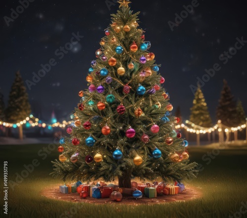 A shimmering Christmas tree, draped in colorful ornaments, radiates warmth in a field of twinkling lights ,  lights,  illumination,  glow