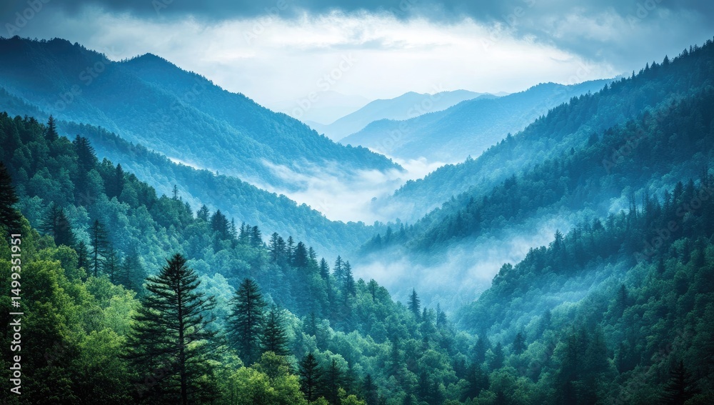 A panoramic view of the Great Smoky Mountains, showing mist-covered hills and lush green forests under an overcast sky. A panoramic view of the Great Smoky Mountains, showing mist-covered hills and lush green forests under an overcast sky.