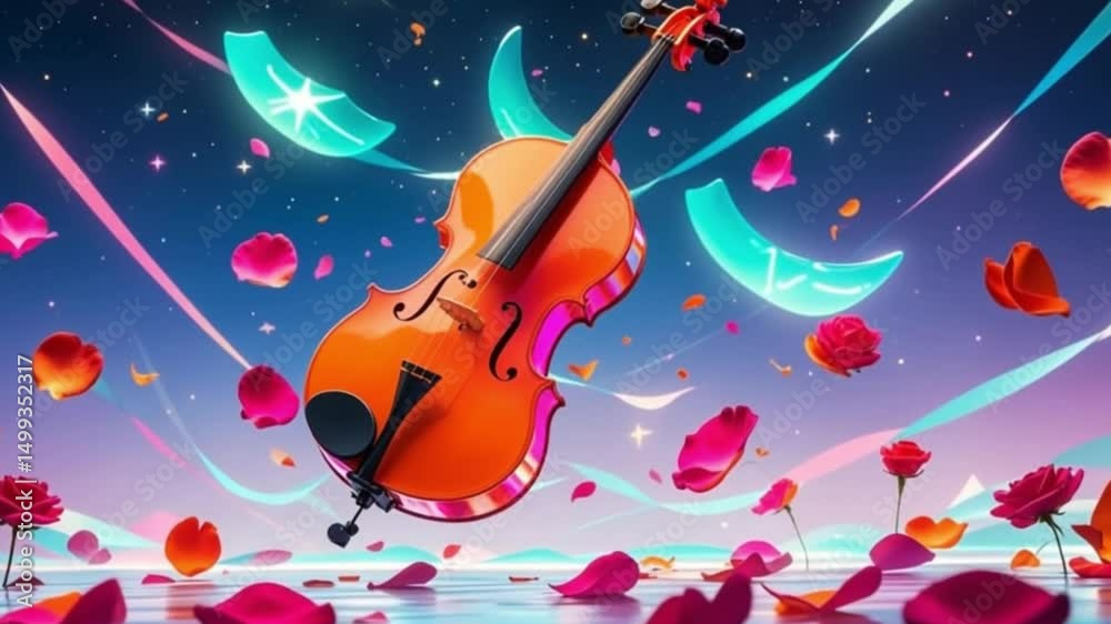 Futuristic Glowing Cello Romance neon surreal music glass petals star waveform vibrant light trail visual 4K video file download
