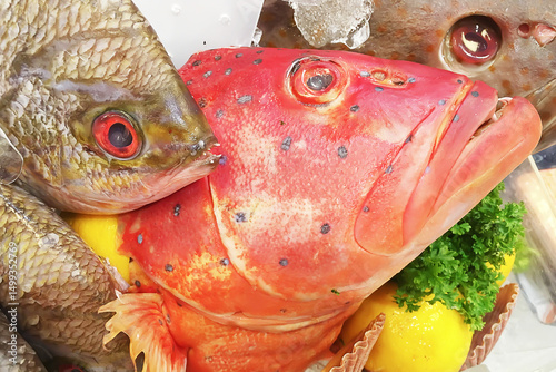 Closeup on freshness fishes heads for sell at fish market with cold ice, yellow lime and coriander decoration.
