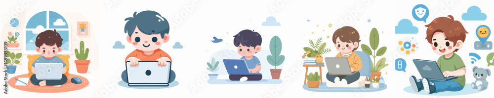vector of a little boy playing on a laptop vector of a little boy playing on a laptop