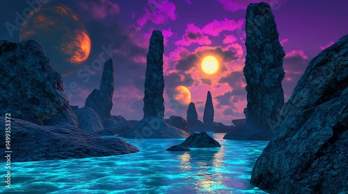 Alien seascape glows with surreal sunset on distant planet for sci-fi exploration otherworldly beauty cosmic horizon extraterrestrial ocean environment concept.