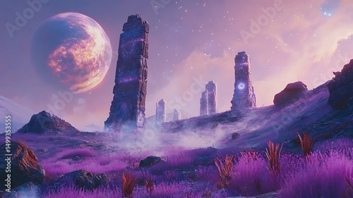 Alien planet reveals mystical monuments with glowing forms at dusk for otherworldly exploration ancient mystery sci-fi landscape cosmic twilight environment concept.