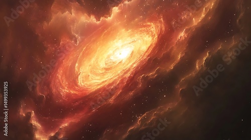 Fiery nebula swirls with cosmic dance of orange and gold for deep space observation interstellar motion galactic light energy formation celestial environment concept.