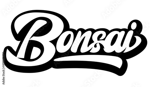 Stylish black and white cursive text design of the word Bonsai.