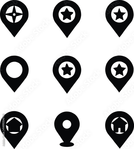 Collection of Nine Simple Black Location Pin Icons
