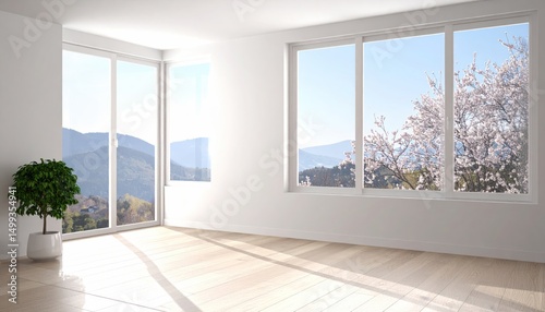 Serene interior with blossoming tree view through expansive windows enhances peacefulness