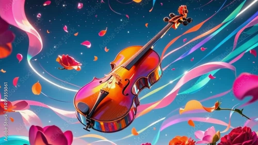 Futuristic Glowing Cello Romance neon surreal music glass petals star waveform vibrant light trail visual 4K video file download
