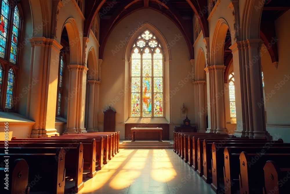 Fototapeta premium Tranquil church interior, sunlight streaming through stained-glass windows , devotion, meditation, church