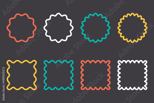 Set of round and square frames with wavy edges. Wavy scalloped  frames. Frames with wavy borders. Vector vintage frames for photos, text boxes, labels.