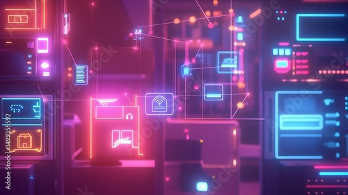 Engineer creates futuristic smart home network visualization with interconnected devices for seamless communication blending advanced technology and digital control concept.