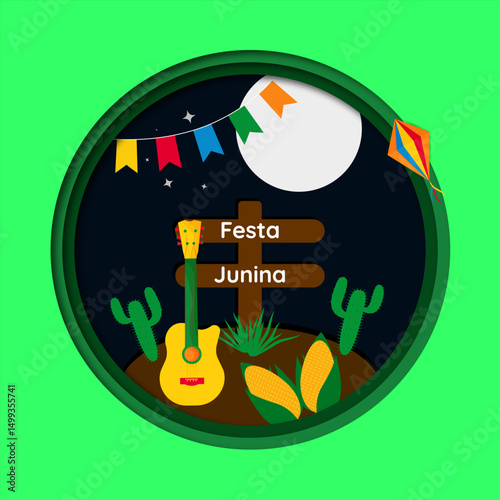 Creative Abstract paper cut style vector illustration for Festa Junina music festival celebration, Background design.