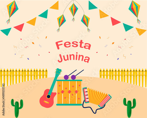 Festa junina music festival celebration invitation, greeting card, poster, banner and flyer design vector illustration.