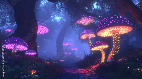 Traveler walks enchanted glowing mushroom forest path for magical journey blending vibrant light and mysterious nature atmosphere concept.