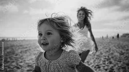 Joyful Mother and Daughter Running on Beach
