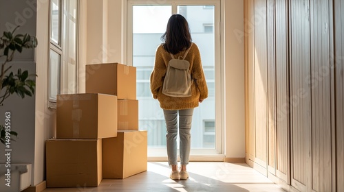 Woman walking through cluttered room with boxes