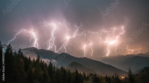 Dramatic Lightning Storm Over Majestic Mountain Range