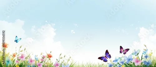 Fototapeta samoprzylepna Niebieskie niebo, kolorowe kwiaty i motyle
