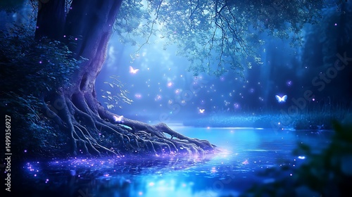 Artist creates enchanted forest night with magical lake mystical tree and glowing butterflies for serene mystical atmosphere blending nature and fantasy concept.