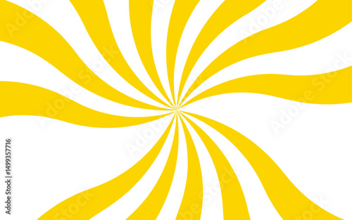 Abstract design with radial swirl pattern with alternating yellow and white curved rays and toward central vanishing point. Energy and centrifugal force, reminiscent of psychedelic or pop-art styles.