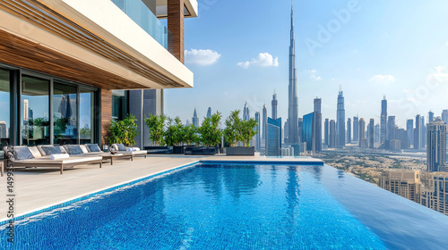 Impressive spacious penthouse terrace with pool and views of Dubai. Skyscrapers of the United Arab Emirates