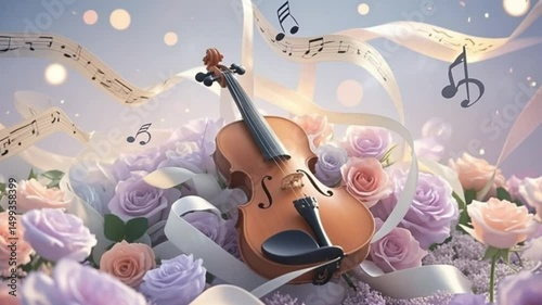 Romantic Violin Garden Melody dreamy music floral background bokeh light guitar violin rose ribbon glow emotional artistic expression 4K video file download 
