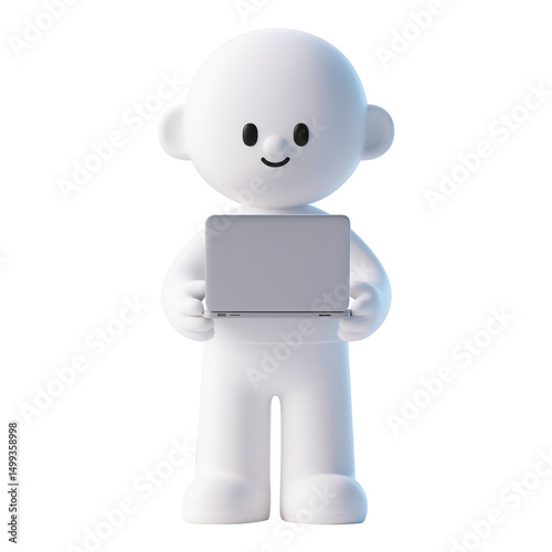 3D cartoon character holding a laptop