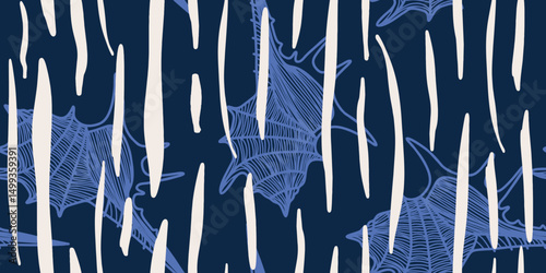 Seashells on a Navy Background with White Lines