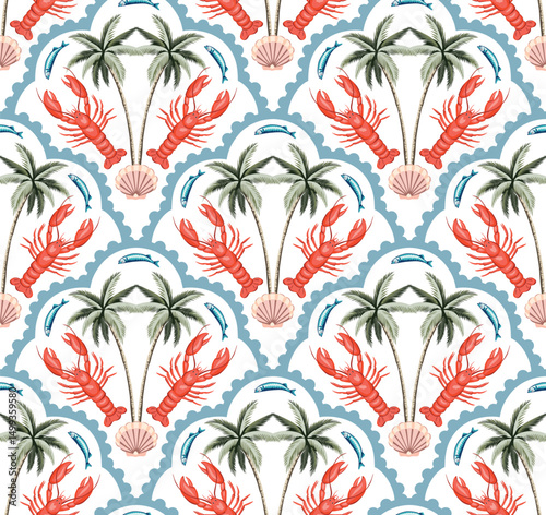 Lobster, shell, palm tree, sardine fish seamless pattern, blue arch background. Summer sea wallpaper.	