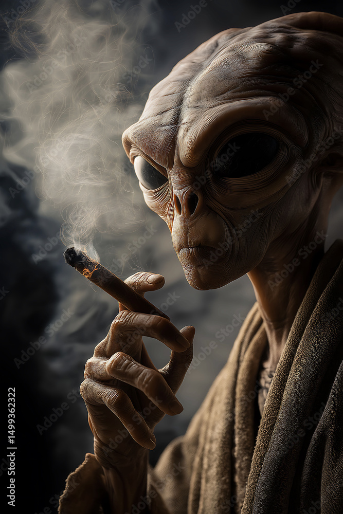 Fototapeta premium An alien smoking a cigarette, Smoking cigarette concept 