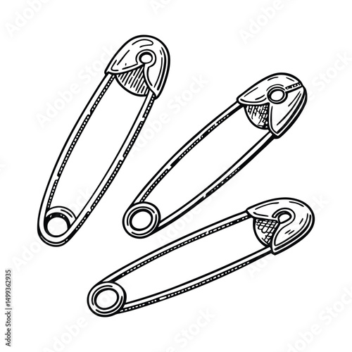 Hand-drawn vector illustration of three detailed safety pins arranged in different angles, showcasing vintage sketch