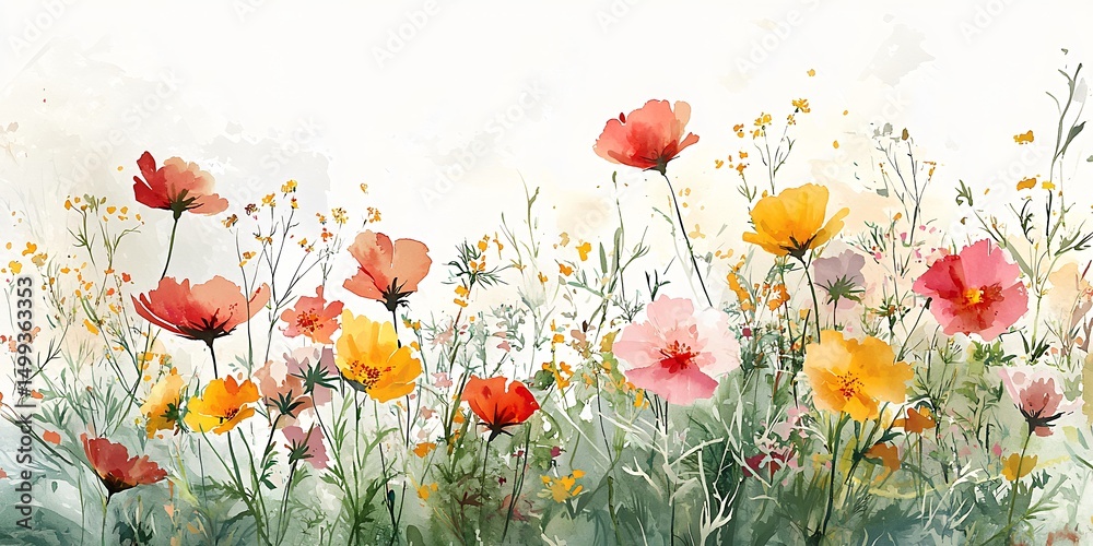 Obraz premium Lush field of blooming wildflowers captured in soft watercolor painting with vibrant colors