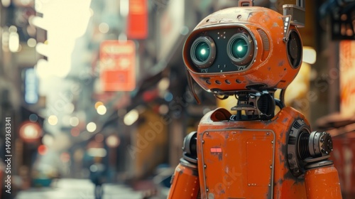 Rusty orange robot in futuristic city