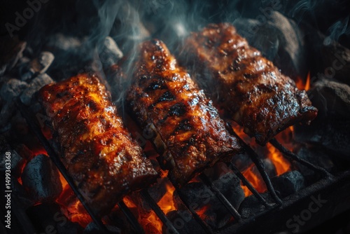 Top View of Sizzling Ribs on a Charcoal Grill with Glowing Coals, AI Generated