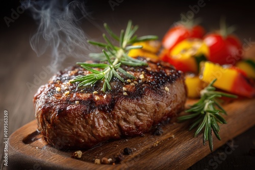 Juicy Grilled Steak on Wooden Board with Vegetables and Rosemary, AI Generated