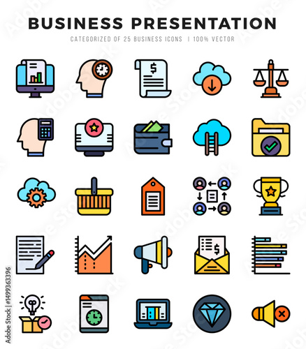 Business Presentation Lineal Color icons collection. 25 icon set. Vector illustration.