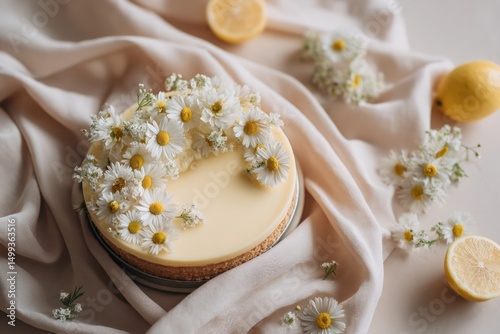 Flatlay of Lemon Tart with Chamomile Flowers on Light Linen Surface, AI Generated