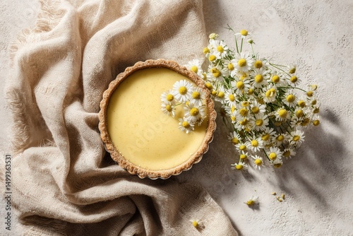 Flatlay of Lemon Tart with Chamomile Flowers on Light Linen Surface, AI Generated